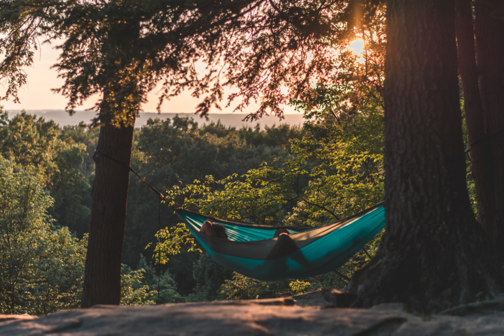 Man relaxing in a hammock in the forest.