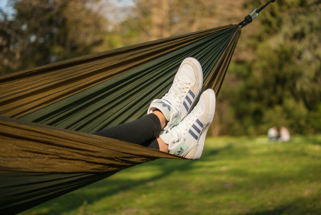 Feet relaxing in a hammock that is a cheaper alternative to Eno.