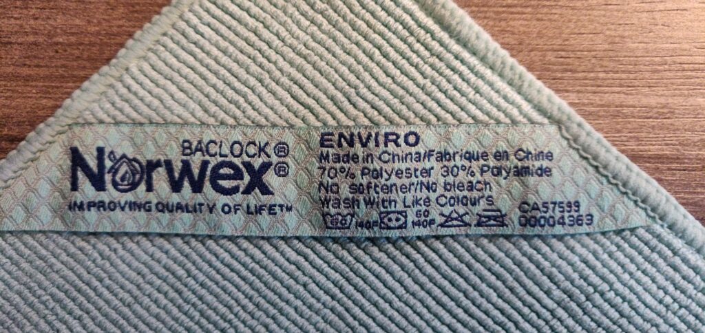 Norwex cloth label showing 70% polyester and 30% polyamide